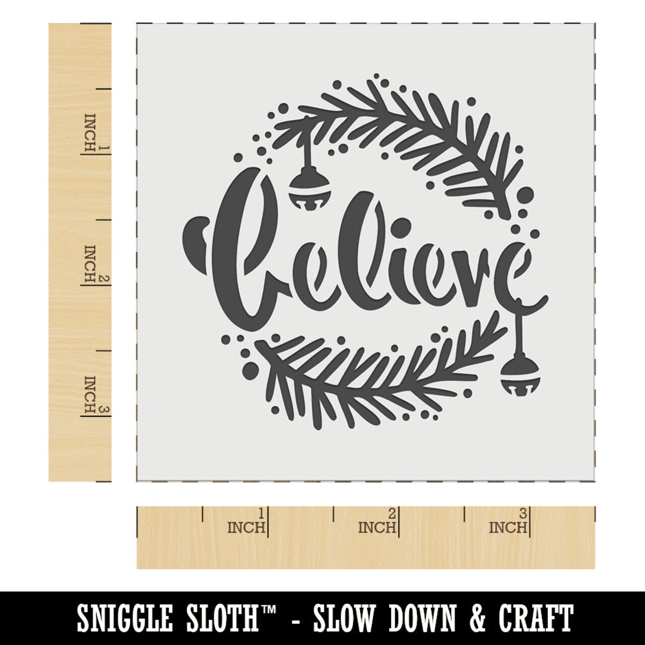 Believe Christmas Holiday Pine Needles and Bells Wall Cookie DIY Craft Reusable Stencil